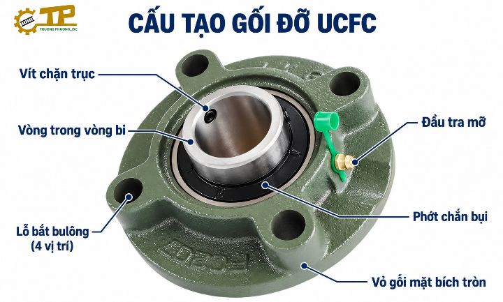 Cấu tạo gối đỡ UCFC gồm vỏ mặt bích và vòng bi UC