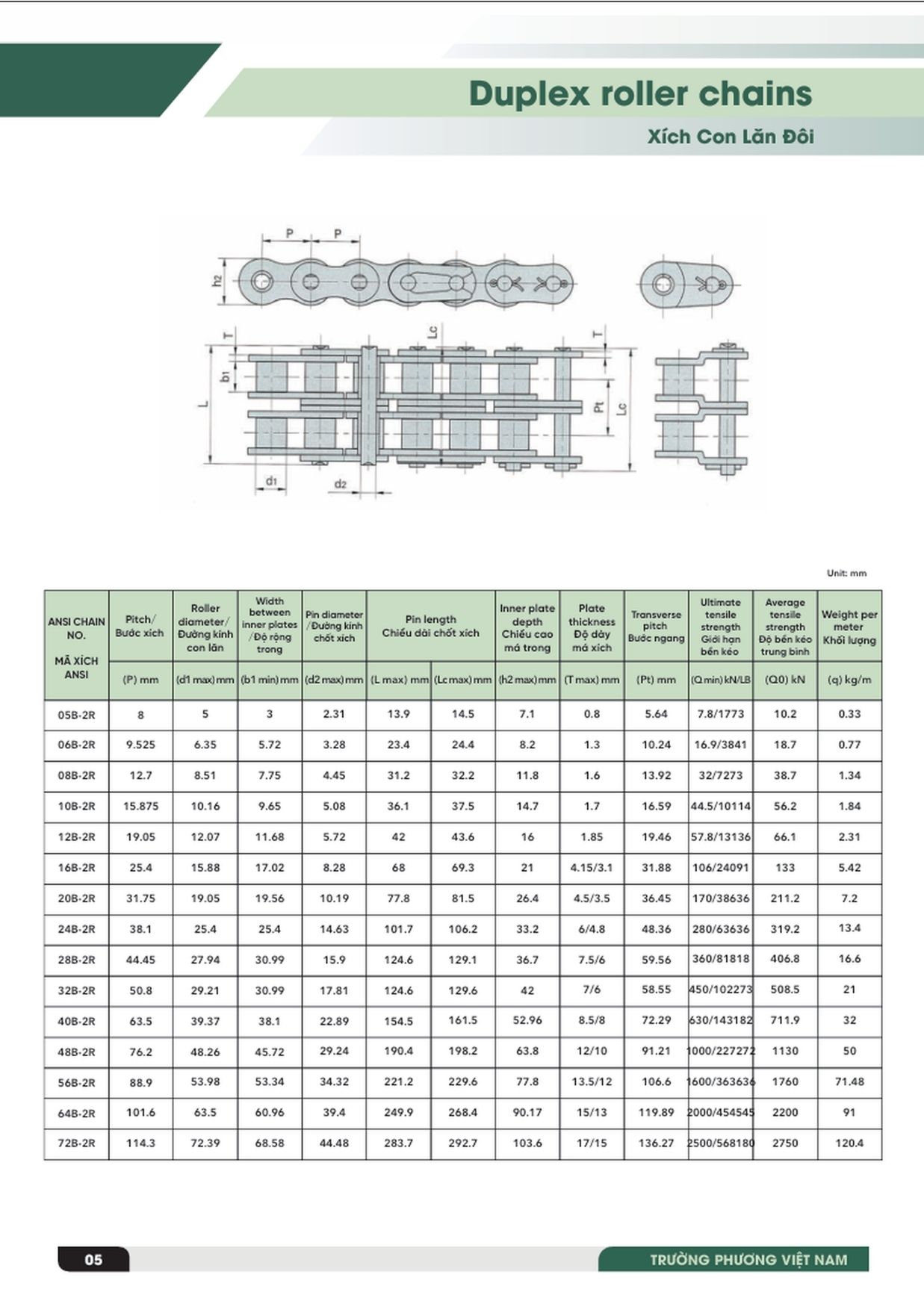 Bảng thông số kĩ thuật xích đôi 2 dãy tiêu chuẩn ISO 
