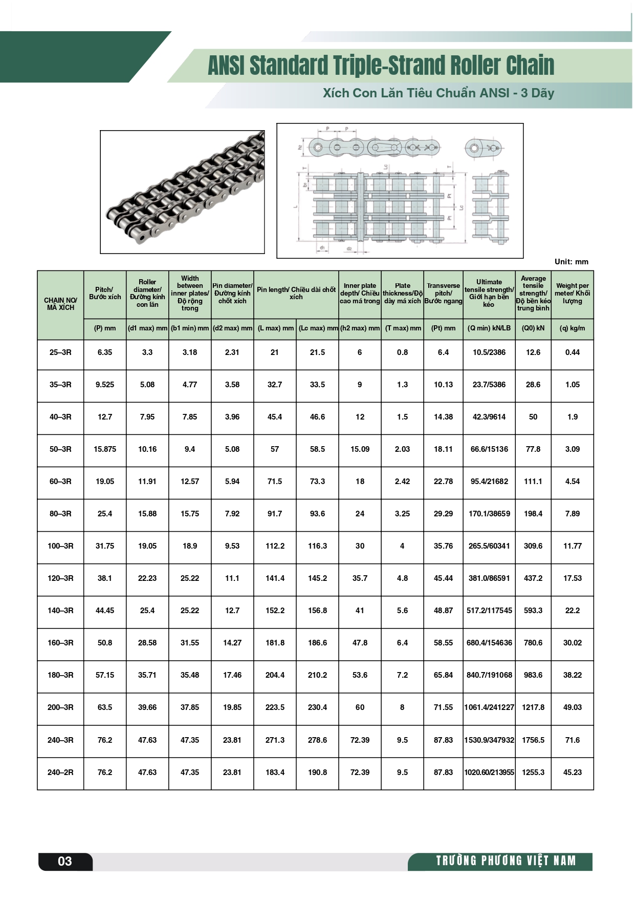 Bảng tra thông số nhông xích theo tiêu chuẩn ANSI - 3 dãy