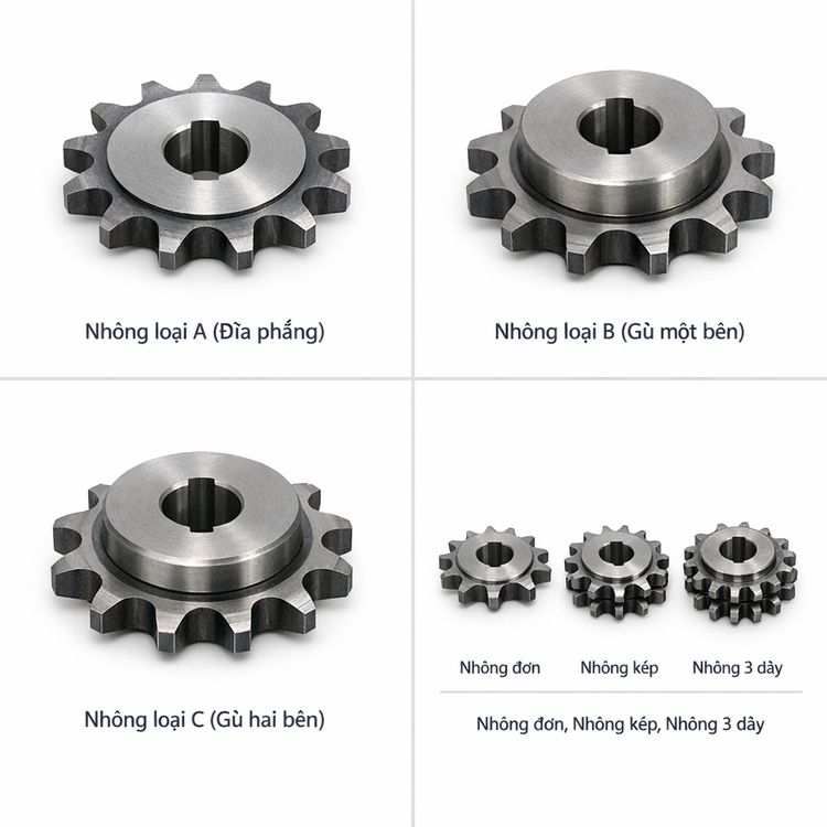Nhông 12 răng có cấu tạo gồm vành răng, moay-ơ, lỗ trục và hệ thống then, đảm bảo truyền lực ổn định và lắp đặt linh hoạt