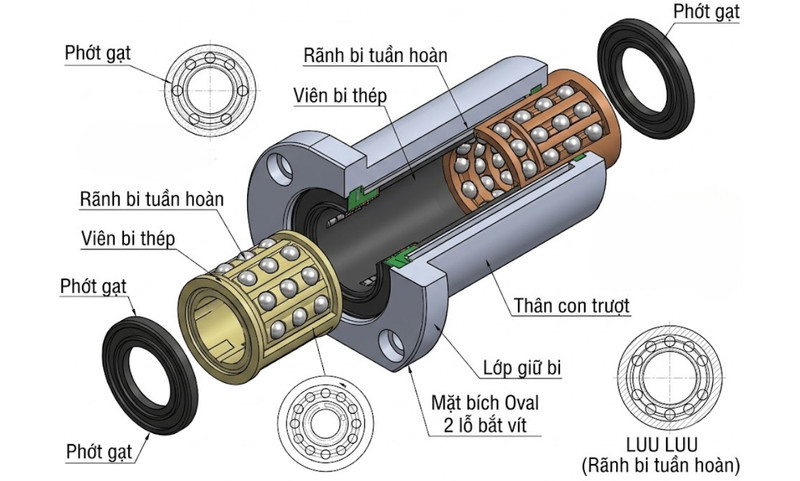 Chi tiết cấu tạo bên trong con trượt tròn mặt bích Oval LMH