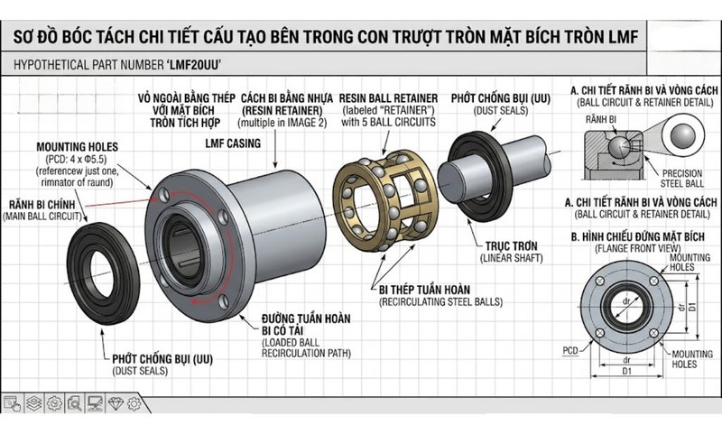 Chi tiết cấu tạo bên trong con trượt tròn mặt bích tròn LMF, thể hiện rõ các bộ phận phớt gạt, rãnh bi và mặt bích.
