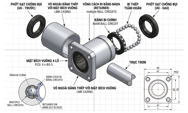 Chi tiết cấu tạo bên trong con trượt tròn mặt bích vuông LMKUU