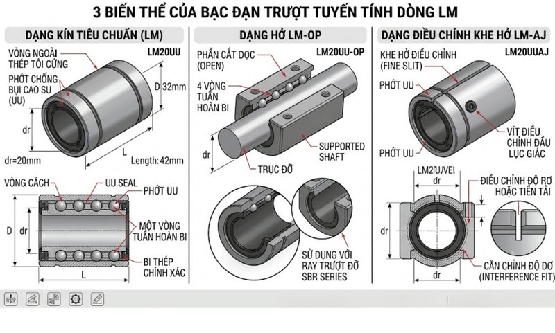3 dạng con trượt tròn LM: Dạng kín tiêu chuẩn (LM), Dạng hở khuyết góc (LM-OP), và Dạng xẻ rãnh điều chỉnh (LM-AJ)