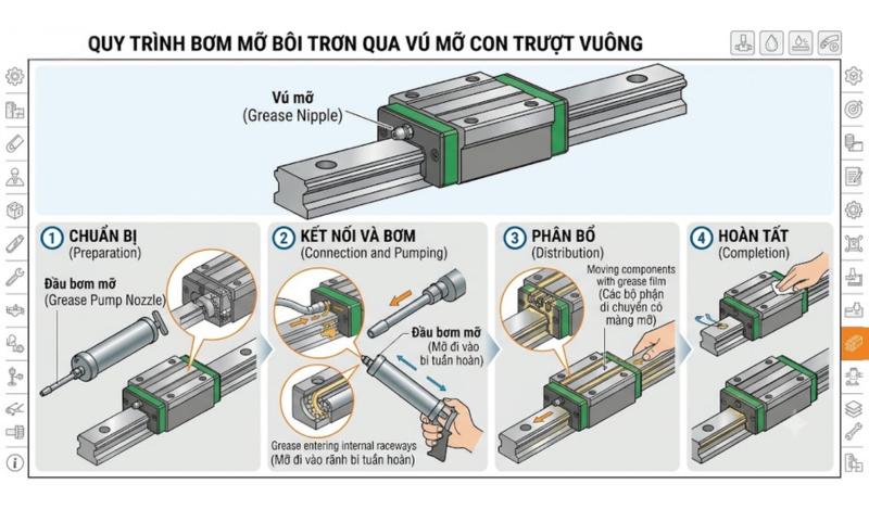 Quy trình bơm mỡ bôi trơn qua vú mỡ con trượt vuông