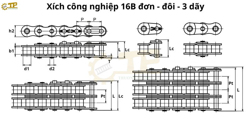 Thông số hình học xích công nghiệp 16B-1R-2R-3R