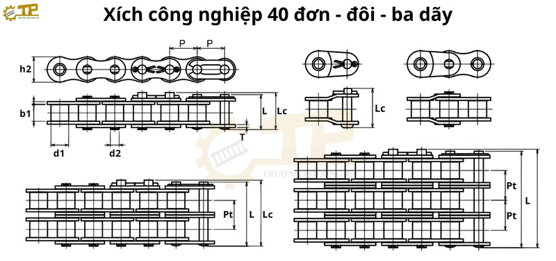 Thông số hình học xích 40-1R,2R,3R
