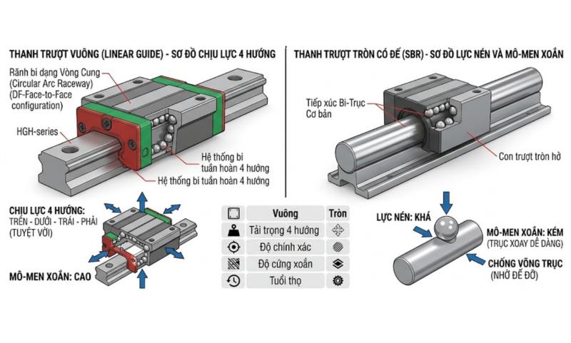 So sánh trực quan mặt cắt ngang thanh trượt vuông vs. thanh trượt tròn