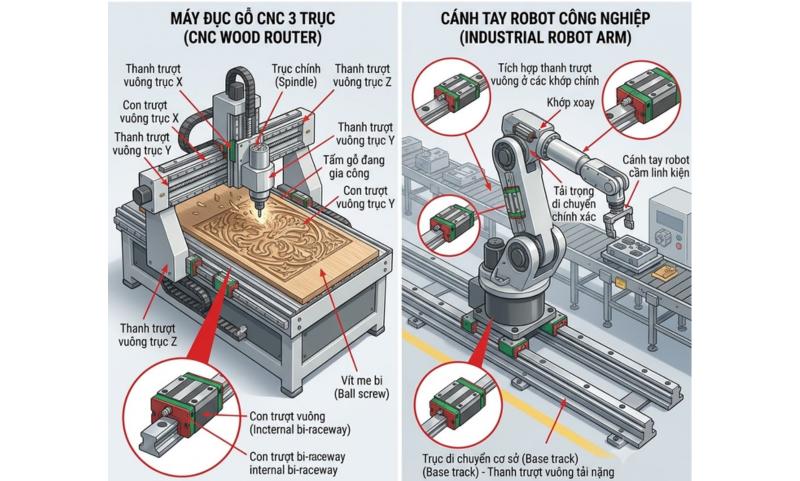 Ứng dụng của thanh trượt và con trượt trong máy đục gỗ CNC và cánh tay Robot công nghiệp
