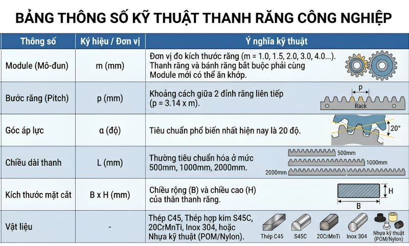 Bảng xác định kích thước thanh răng bánh răng 