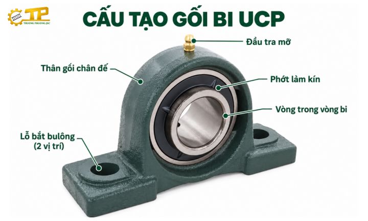 Cấu tạo bạc đạn UCP, vòng trong vòng bi, phớt làm kín, vít hãm trục và lỗ bắt bulông.